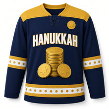 Load image into Gallery viewer, Gelt Coin Stack Tower Hanukkah Hockey Jersey in Gelt Tower Navy, front view – custom name and number