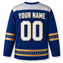 Load image into Gallery viewer, Gelt Coin Stack Tower Hanukkah Hockey Jersey in Gelt Tower Royal, back view with your name and number