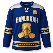 Load image into Gallery viewer, Gelt Coin Stack Tower Hanukkah Hockey Jersey in Gelt Tower Royal, front view – custom name and number