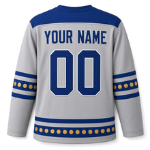 Load image into Gallery viewer, Gelt Coin Stack Tower Hanukkah Hockey Jersey in Gelt Tower Silver, back view with your name and number