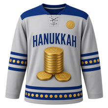 Load image into Gallery viewer, Gelt Coin Stack Tower Hanukkah Hockey Jersey in Gelt Tower Silver, front view – custom name and number