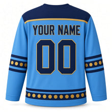 Load image into Gallery viewer, Gelt Coin Stack Tower Hanukkah Hockey Jersey in Gelt Tower Sky Blue, back view with your name and number