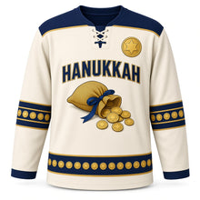 Load image into Gallery viewer, Gelt Mesh Pouch Hanukkah Hockey Jersey in Pouch Cream, front view – custom name and number