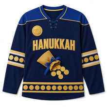 Load image into Gallery viewer, Gelt Mesh Pouch Hanukkah Hockey Jersey in Pouch Navy, front view – custom name and number