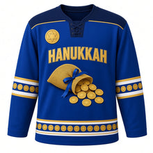 Load image into Gallery viewer, Gelt Mesh Pouch Hanukkah Hockey Jersey in Pouch Royal, front view – custom name and number
