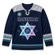 Load image into Gallery viewer, Geometric Prism Star Hanukkah Hockey Jersey in Prism Indigo, front view – custom name and number