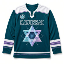 Load image into Gallery viewer, Geometric Prism Star Hanukkah Hockey Jersey in Prism Teal, front view – custom name and number