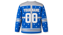 Load image into Gallery viewer, Gift Wrap Ribbon Hanukkah Hockey Jersey in Present Blue, back view with your name and number