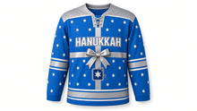 Load image into Gallery viewer, Gift Wrap Ribbon Hanukkah Hockey Jersey in Present Blue, front view – custom name and number