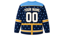 Load image into Gallery viewer, Gift Wrap Ribbon Hanukkah Hockey Jersey in Midnight Wrap, back view with your name and number