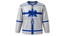Load image into Gallery viewer, Gift Wrap Ribbon Hanukkah Hockey Jersey in Silver Wrap, front view – custom name and number