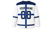 Load image into Gallery viewer, Gift Wrap Ribbon Hanukkah Hockey Jersey in Tissue White, back view with your name and number
