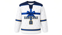Load image into Gallery viewer, Gift Wrap Ribbon Hanukkah Hockey Jersey in Tissue White, front view – custom name and number