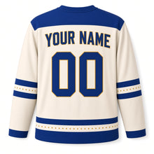 Load image into Gallery viewer, Golden Latke Stack Hanukkah Hockey Jersey in Applesauce Cream, back view with your name and number