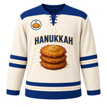 Load image into Gallery viewer, Golden Latke Stack Hanukkah Hockey Jersey in Applesauce Cream, front view – custom name and number
