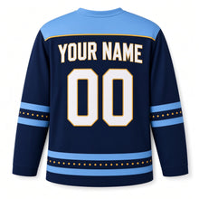 Load image into Gallery viewer, Golden Latke Stack Hanukkah Hockey Jersey in Skillet Navy, back view with your name and number