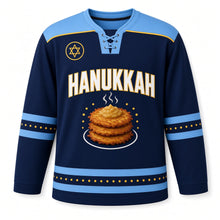 Load image into Gallery viewer, Golden Latke Stack Hanukkah Hockey Jersey in Skillet Navy, front view – custom name and number