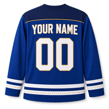 Load image into Gallery viewer, Golden Latke Stack Hanukkah Hockey Jersey in Latke Royal, back view with your name and number