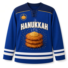 Load image into Gallery viewer, Golden Latke Stack Hanukkah Hockey Jersey in Latke Royal, front view – custom name and number