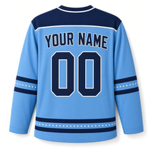 Load image into Gallery viewer, Golden Latke Stack Hanukkah Hockey Jersey in Frost Sky, back view with your name and number