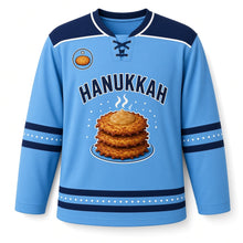 Load image into Gallery viewer, Golden Latke Stack Hanukkah Hockey Jersey in Frost Sky, front view – custom name and number