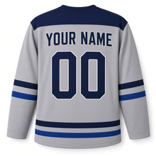 Load image into Gallery viewer, Ice Fishing Hut Candlelight Hanukkah Hockey Jersey in Hut Frost Grey, back view with your name and number