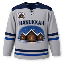 Load image into Gallery viewer, Ice Fishing Hut Candlelight Hanukkah Hockey Jersey in Hut Frost Grey, front view – custom name and number