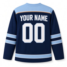 Load image into Gallery viewer, Ice Fishing Hut Candlelight Hanukkah Hockey Jersey in Hut Navy, back view with your name and number