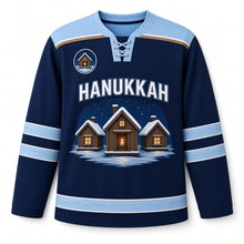 Load image into Gallery viewer, Ice Fishing Hut Candlelight Hanukkah Hockey Jersey in Hut Navy, front view – custom name and number