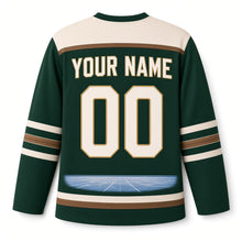 Load image into Gallery viewer, Ice Fishing Hut Candlelight Hanukkah Hockey Jersey in Hut Pine, back view with your name and number