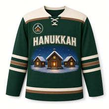 Load image into Gallery viewer, Ice Fishing Hut Candlelight Hanukkah Hockey Jersey in Hut Pine, front view – custom name and number