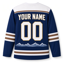 Load image into Gallery viewer, Ice Fishing Hut Candlelight Hanukkah Hockey Jersey in Hut Twilight Blue, back view with your name and number