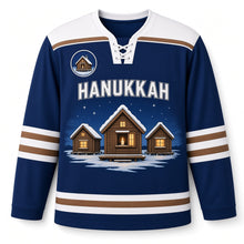 Load image into Gallery viewer, Ice Fishing Hut Candlelight Hanukkah Hockey Jersey in Hut Twilight Blue, front view – custom name and number
