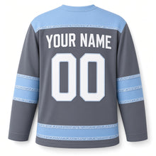 Load image into Gallery viewer, Ice Sculpture Menorah Hanukkah Hockey Jersey in Sculpted Ice Graphite, back view with your name and number