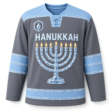Load image into Gallery viewer, Ice Sculpture Menorah Hanukkah Hockey Jersey in Sculpted Ice Graphite, front view – custom name and number