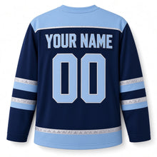 Load image into Gallery viewer, Ice Sculpture Menorah Hanukkah Hockey Jersey in Sculpted Ice Navy, back view with your name and number