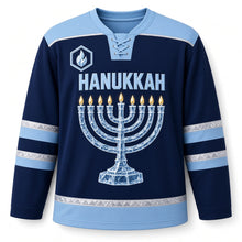 Load image into Gallery viewer, Ice Sculpture Menorah Hanukkah Hockey Jersey in Sculpted Ice Navy, front view – custom name and number