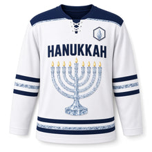 Load image into Gallery viewer, Ice Sculpture Menorah Hanukkah Hockey Jersey in Sculpted Ice Pearl, front view – custom name and number