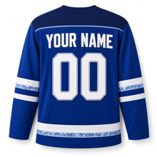 Load image into Gallery viewer, Ice Sculpture Menorah Hanukkah Hockey Jersey in Sculpted Ice Royal, back view with your name and number