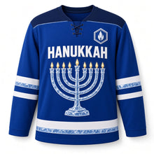 Load image into Gallery viewer, Ice Sculpture Menorah Hanukkah Hockey Jersey in Sculpted Ice Royal, front view – custom name and number
