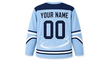 Load image into Gallery viewer, Ice Spin Dreidel Hanukkah Hockey Jersey in Rink Ice Blue, back view with your name and number