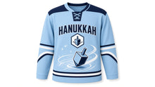 Load image into Gallery viewer, Ice Spin Dreidel Hanukkah Hockey Jersey in Rink Ice Blue, front view – custom name and number