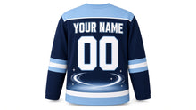 Load image into Gallery viewer, Ice Spin Dreidel Hanukkah Hockey Jersey in Night Rink Navy, back view with your name and number