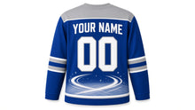 Load image into Gallery viewer, Ice Spin Dreidel Hanukkah Hockey Jersey in Royal Spin, back view with your name and number