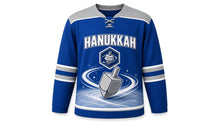 Load image into Gallery viewer, Ice Spin Dreidel Hanukkah Hockey Jersey in Royal Spin, front view – custom name and number