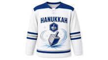 Load image into Gallery viewer, Ice Spin Dreidel Hanukkah Hockey Jersey in Fresh Ice White, front view – custom name and number