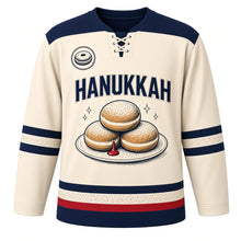 Load image into Gallery viewer, Ink Sketch Sufganiyot Hanukkah Hockey Jersey in Sketch Cream, front view – custom name and number