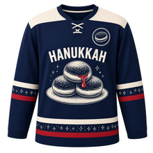 Load image into Gallery viewer, Ink Sketch Sufganiyot Hanukkah Hockey Jersey in Sketch Navy, front view – custom name and number