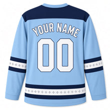 Load image into Gallery viewer, Ink Sketch Sufganiyot Hanukkah Hockey Jersey in Sketch Sky, back view with your name and number