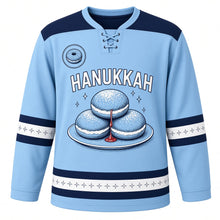 Load image into Gallery viewer, Ink Sketch Sufganiyot Hanukkah Hockey Jersey in Sketch Sky, front view – custom name and number